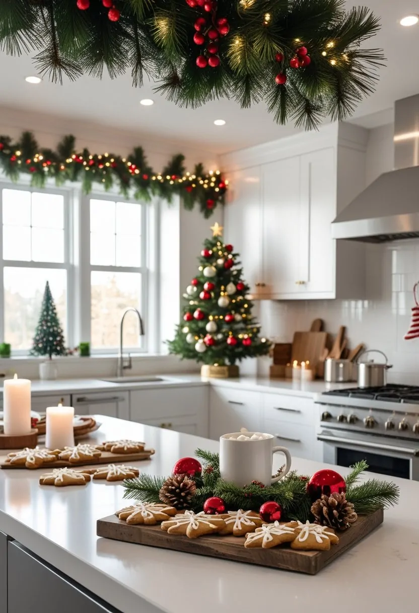 Christmas-decorated kitchen with garland on cabinets and a small tree