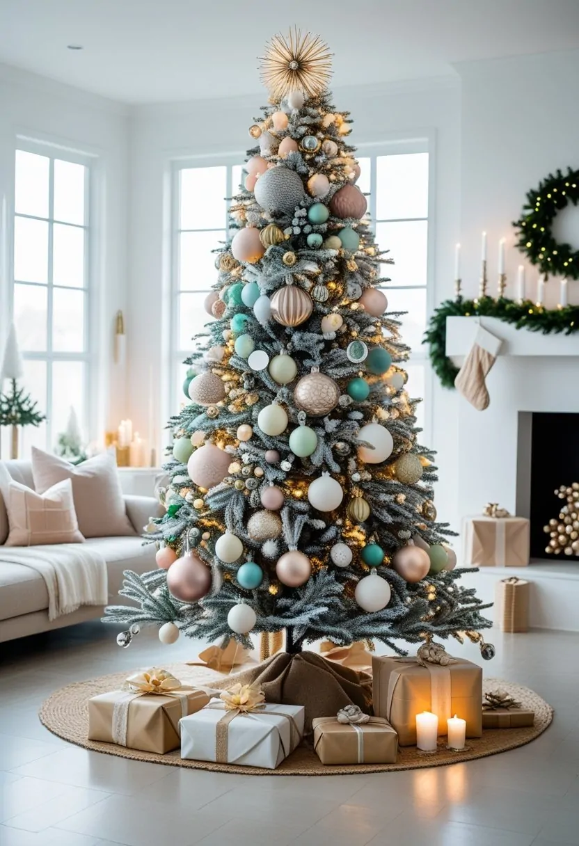 Decorated Christmas tree with ornaments and warm lights glowing in a cozy living room