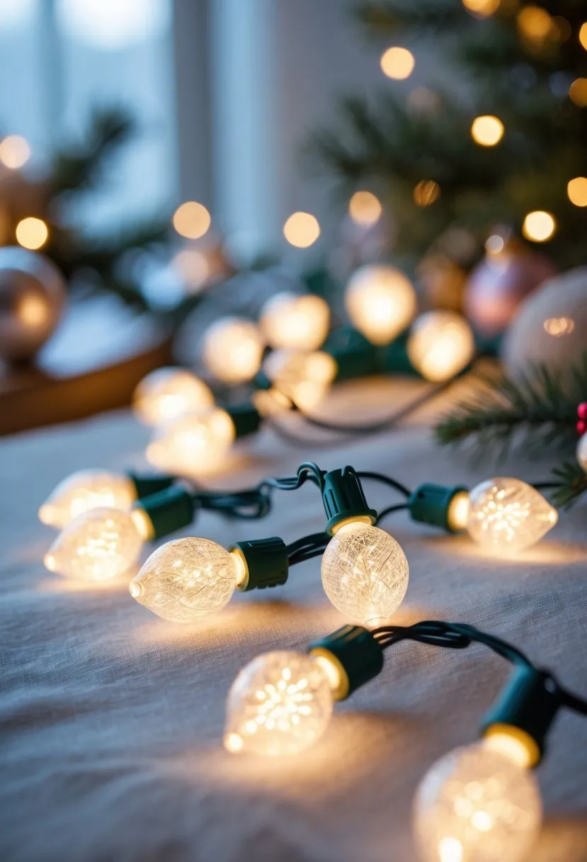 Warm White Christmas Lights 2025: 44 Holiday Decorating Ideas for a Cozy Glow 32 Close-up of warm white C9 LED Christmas lights glowing softly with blurred holiday decorations in the background.