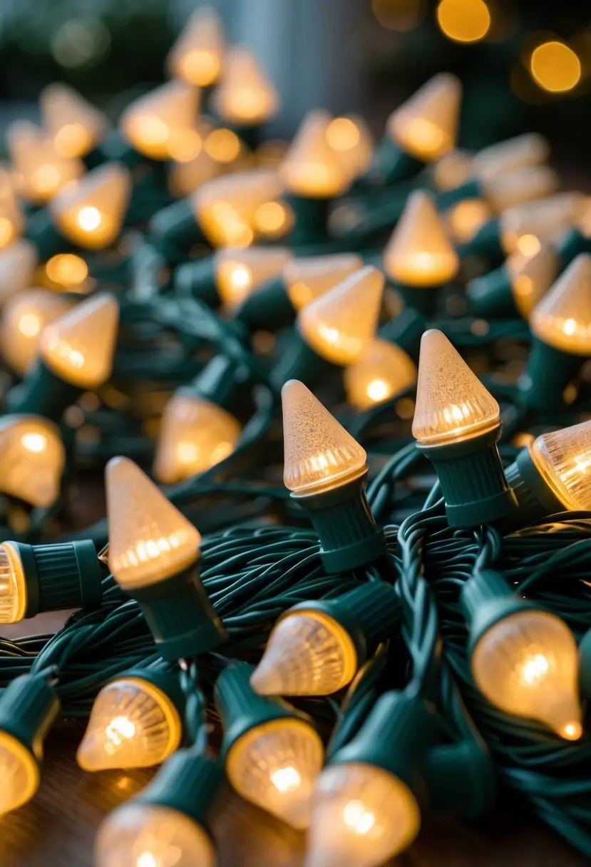 Warm White Christmas Lights 2025: 44 Holiday Decorating Ideas for a Cozy Glow 39 Close-up of warm white conical LED Christmas lights glowing softly in a festive setting.
