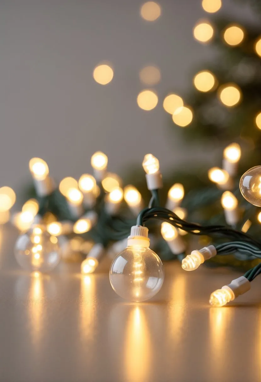 Warm White Christmas Lights 2025: 44 Holiday Decorating Ideas for a Cozy Glow 46 Close-up of warm white LED Christmas lights spaced evenly on a string, glowing softly against a blurred background.