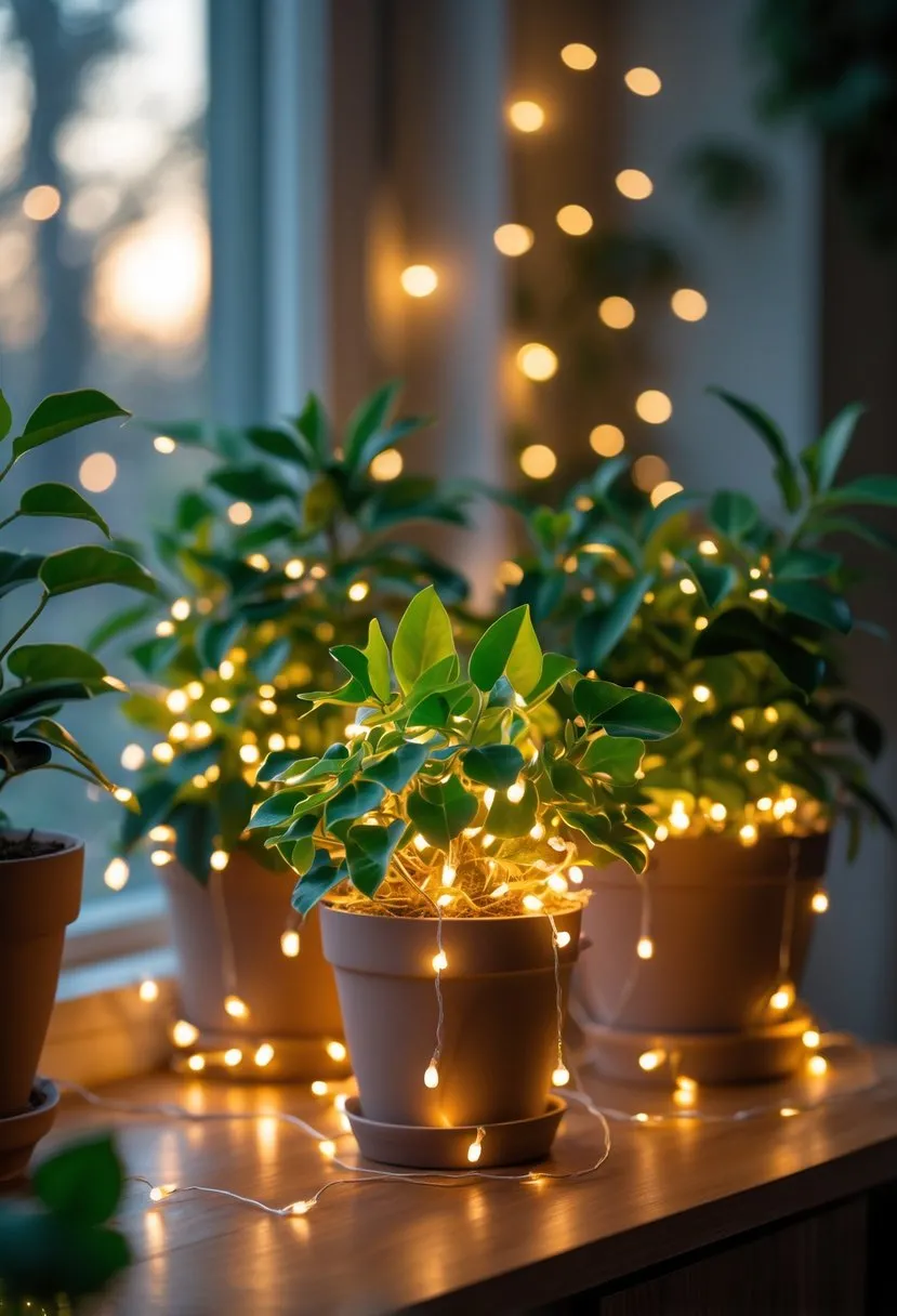 Warm White Christmas Lights 2025: 44 Holiday Decorating Ideas for a Cozy Glow 4 Indoor potted plants wrapped with warm white fairy lights glowing softly in a cozy room.