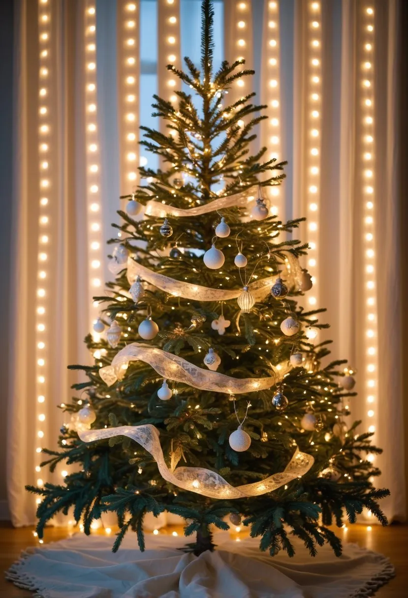 Warm White Christmas Lights 2025: 44 Holiday Decorating Ideas for a Cozy Glow 11 A decorated Christmas tree with warm white lights and a glowing curtain of warm white lights behind it.