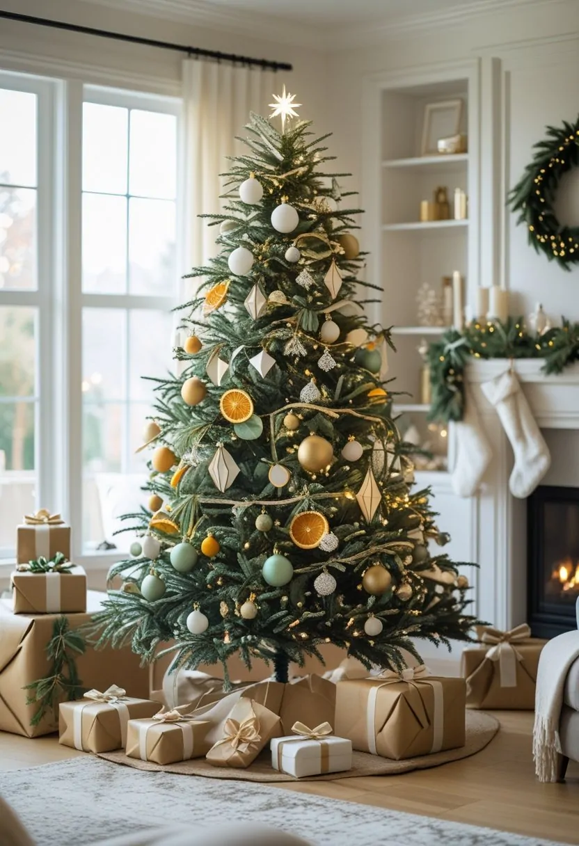 Decorated Christmas tree with ornaments and lights in a bright living room