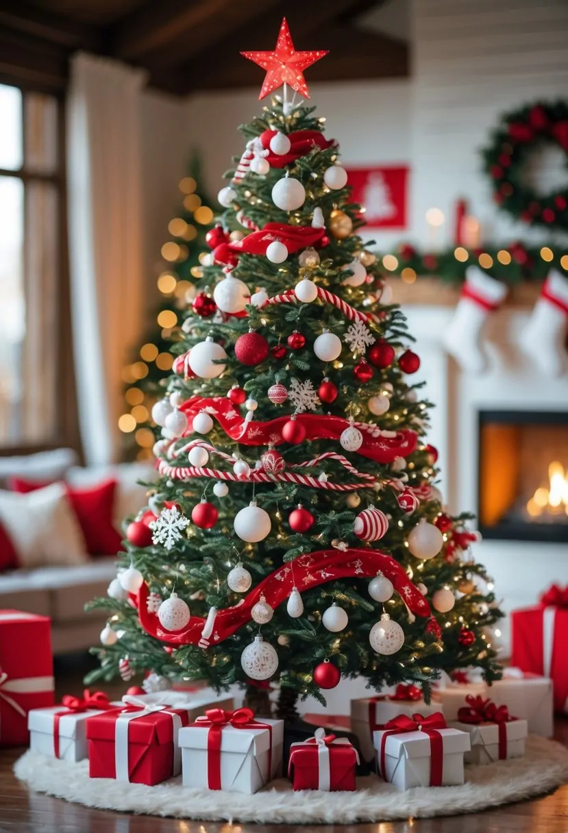 Christmas tree decorated in a classic red and white palette with ornaments and glowing lights