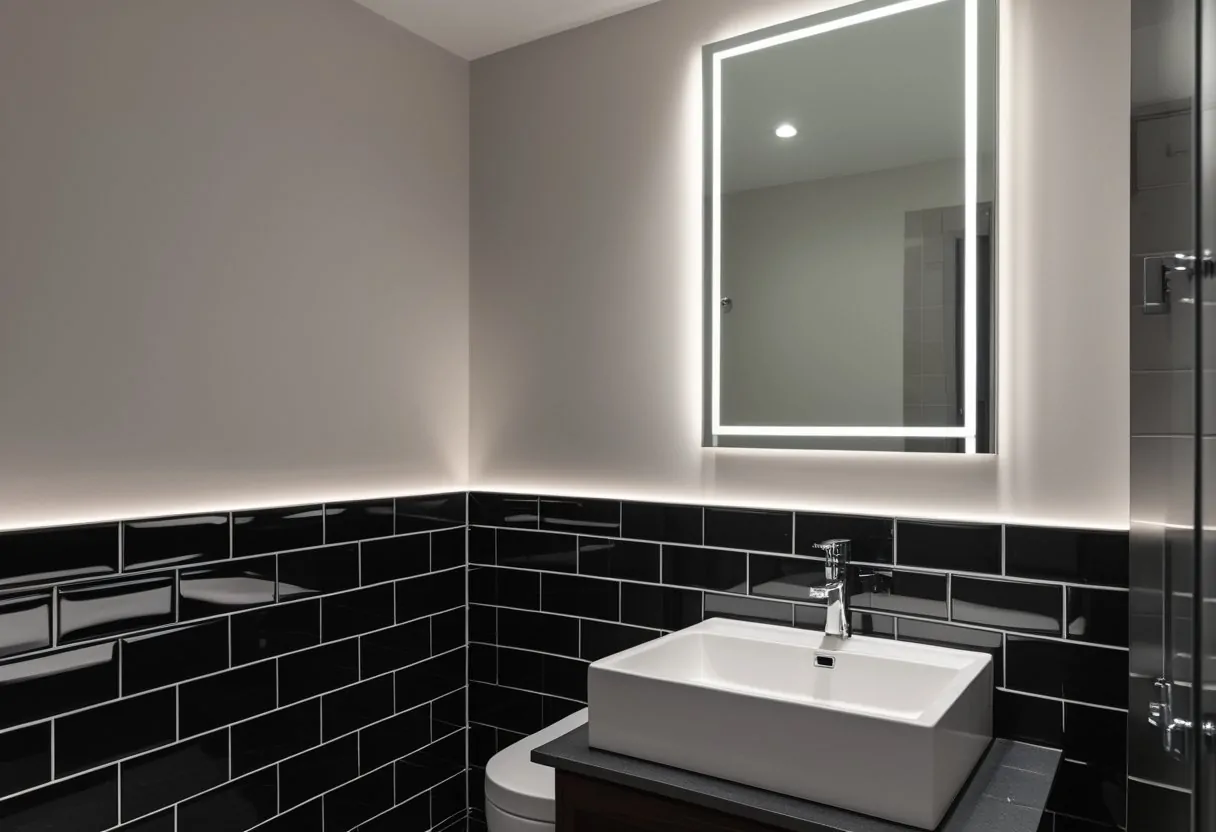 10 Stunning Black Bathroom Ideas For A Chic And Low Maintenance Space 6 black bathroom ideas subway tile wainscoting white contrasting grout modern bathroom design