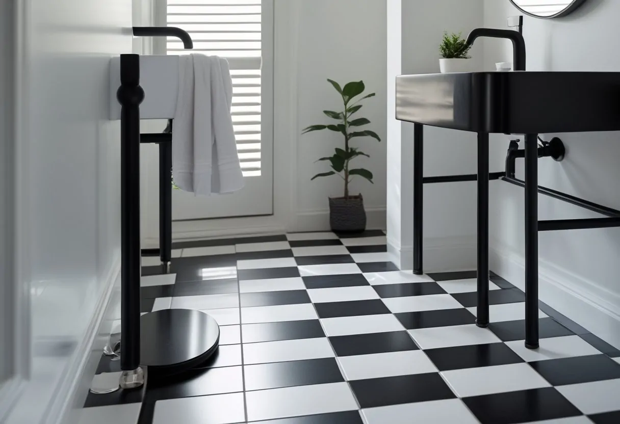 10 Stunning Black Bathroom Ideas For A Chic And Low Maintenance Space 9 black bathroom ideas black and white checkerboard ceramic floor classic modern design