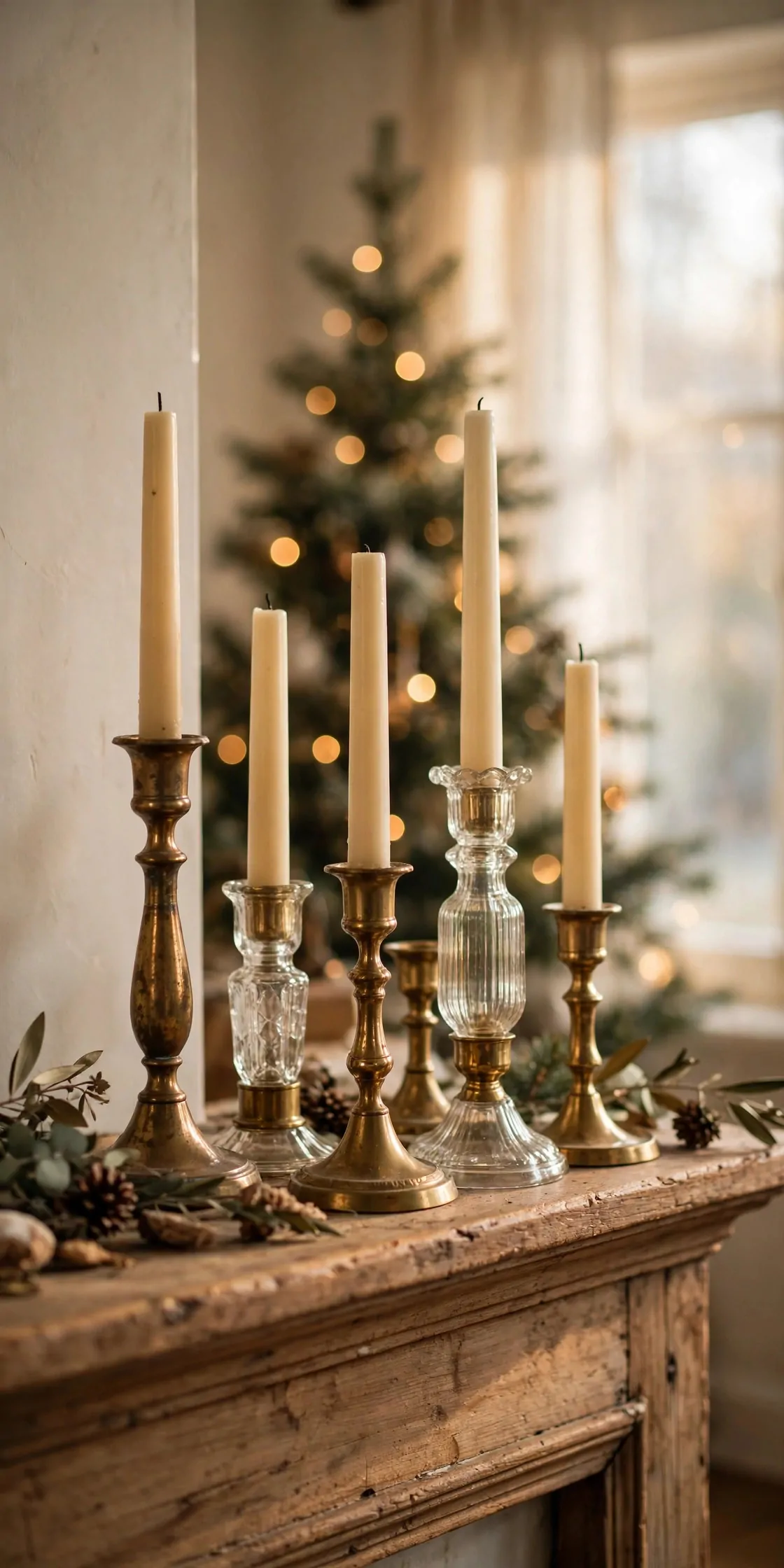 25 Budget Christmas Decor Ideas That Look Expensive 2 Cluster of thrifted brass and glass candlesticks in mixed heights with cream candles on a mantel