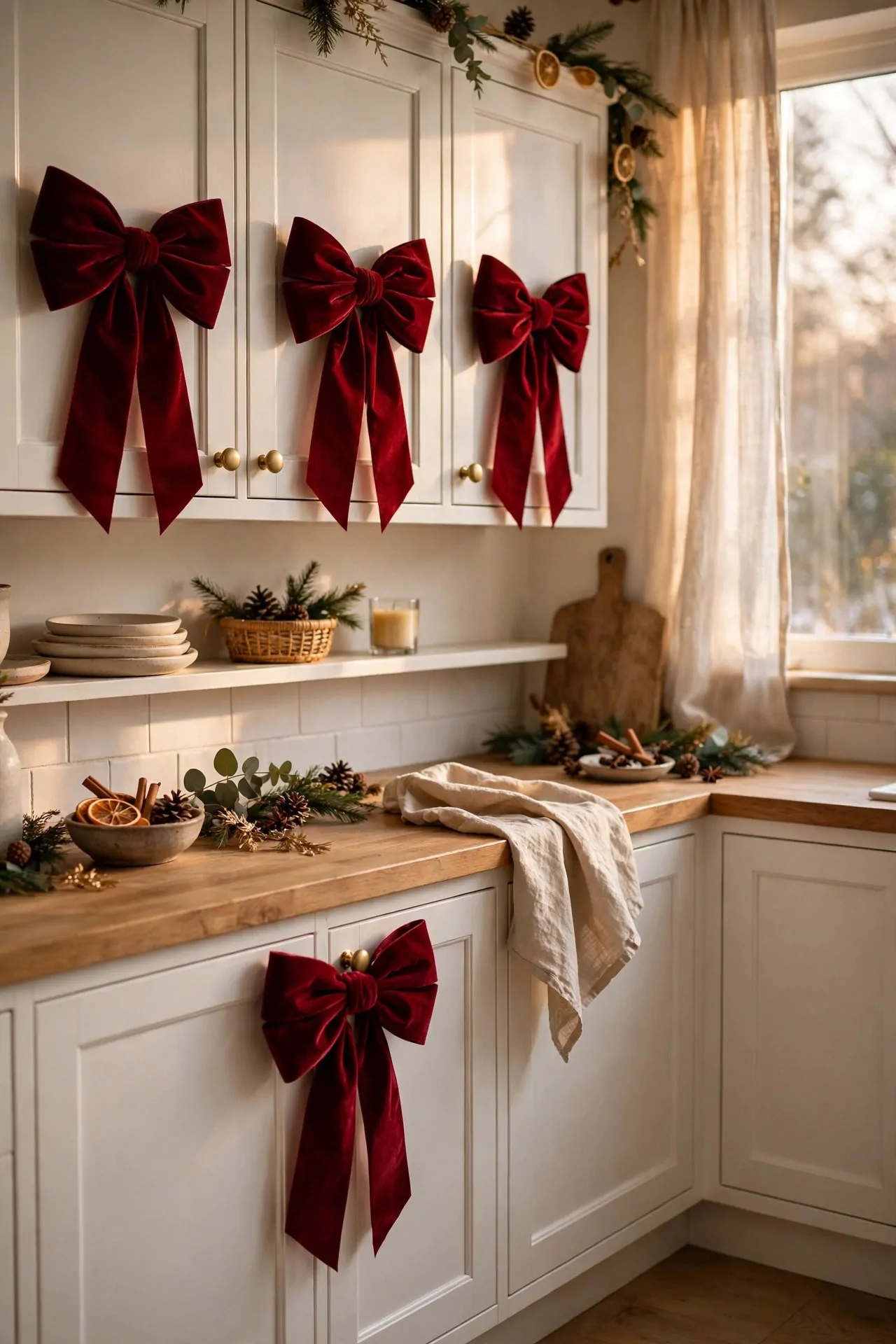 25 Budget Christmas Decor Ideas That Look Expensive 3 Deep red velvet bows tied on kitchen cabinet knobs