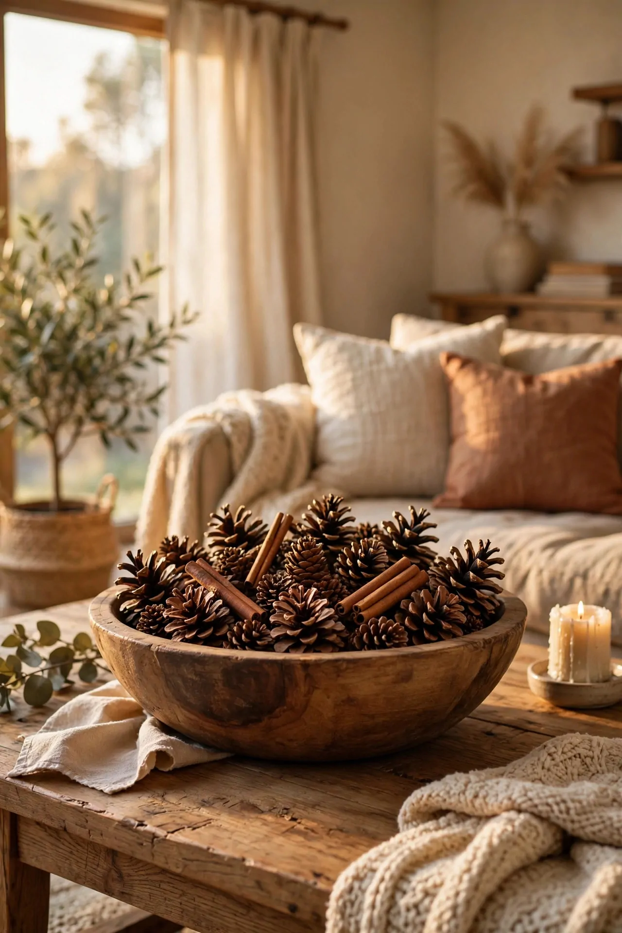 25 Budget Christmas Decor Ideas That Look Expensive 4 Wooden bowl filled with pinecones and cinnamon sticks on a coffee table