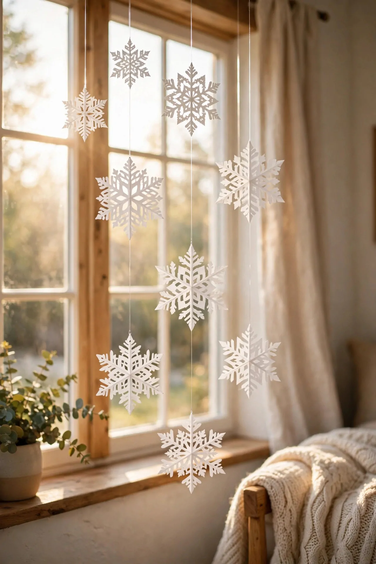 25 Budget Christmas Decor Ideas That Look Expensive 5 White paper snowflakes hanging at different heights in front of a bright window