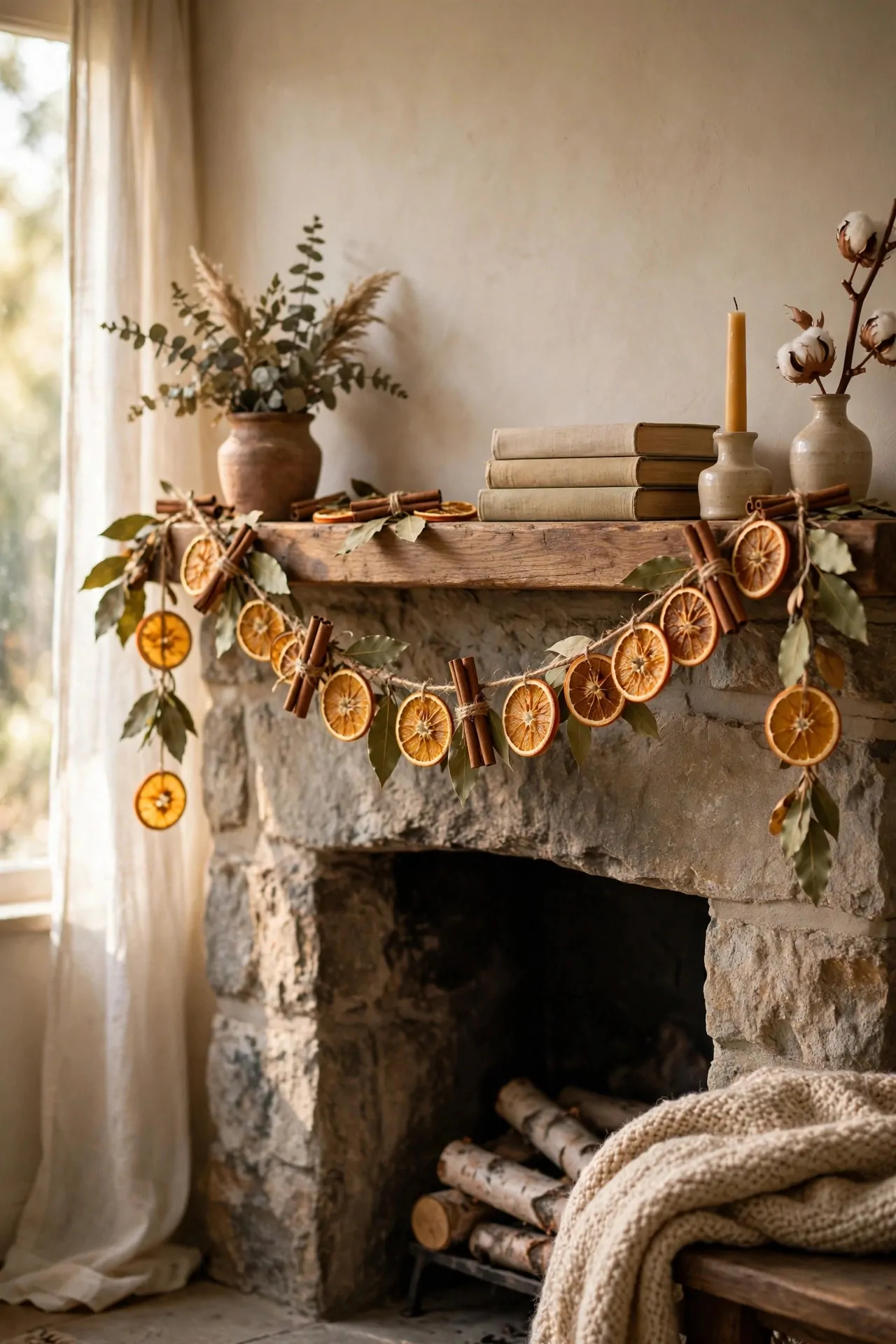 25 Budget Christmas Decor Ideas That Look Expensive 6 Dried orange slice garland with cinnamon sticks draped along a mantel