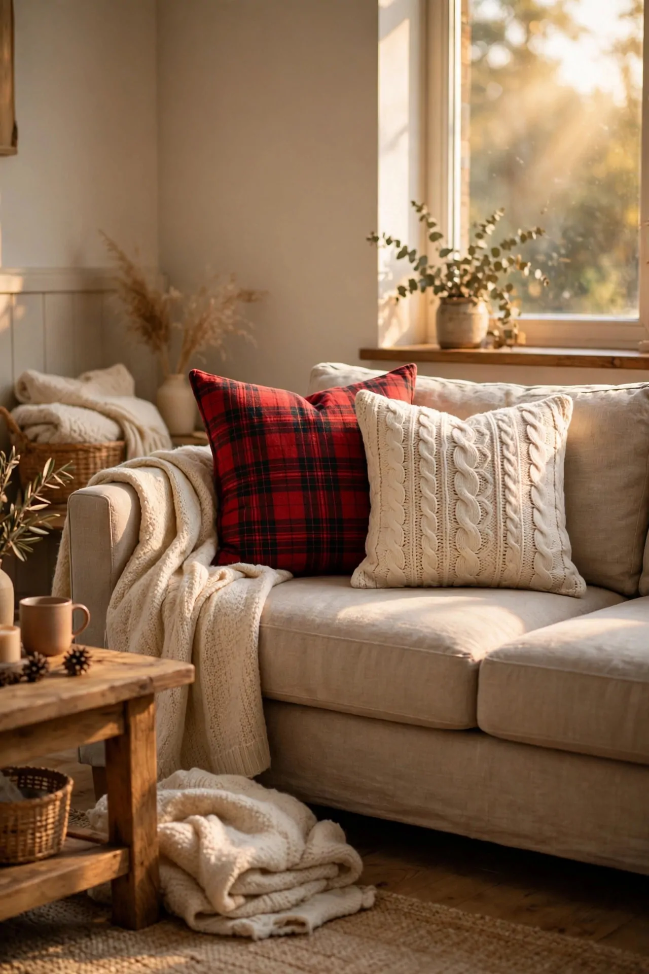 25 Budget Christmas Decor Ideas That Look Expensive 7 Sofa with red plaid and cream knit festive pillow covers