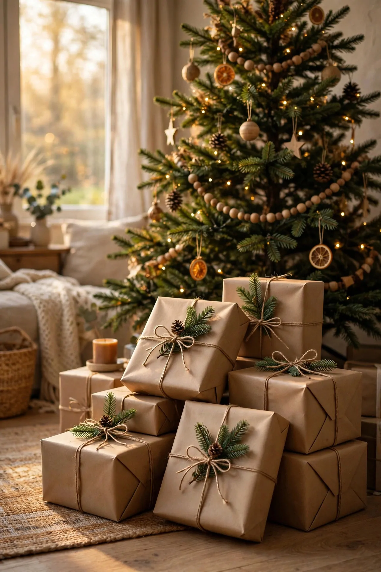 25 Budget Christmas Decor Ideas That Look Expensive 8 Christmas gifts wrapped in kraft paper with twine and evergreen sprigs