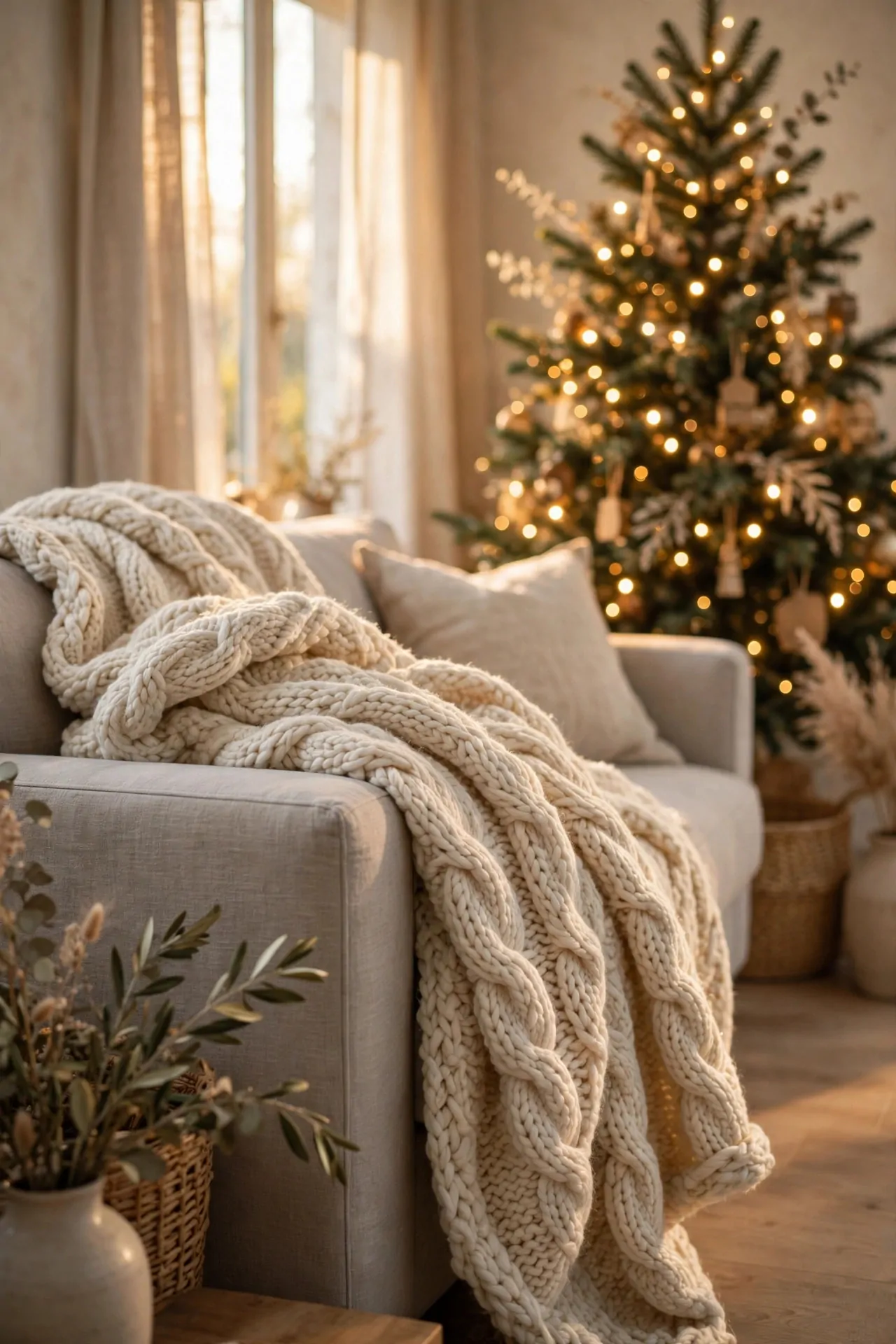 25 Budget Christmas Decor Ideas That Look Expensive 9 Chunky cream knit throw draped over a sofa arm in a softly lit living room