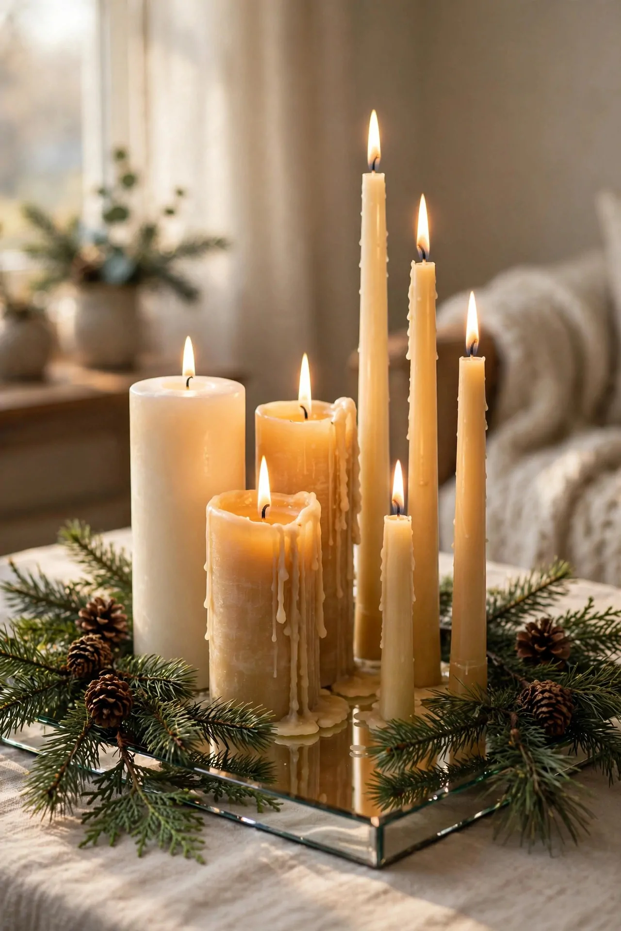 25 Budget Christmas Decor Ideas That Look Expensive 10 Cluster of candles in different heights glowing on a mirrored tray