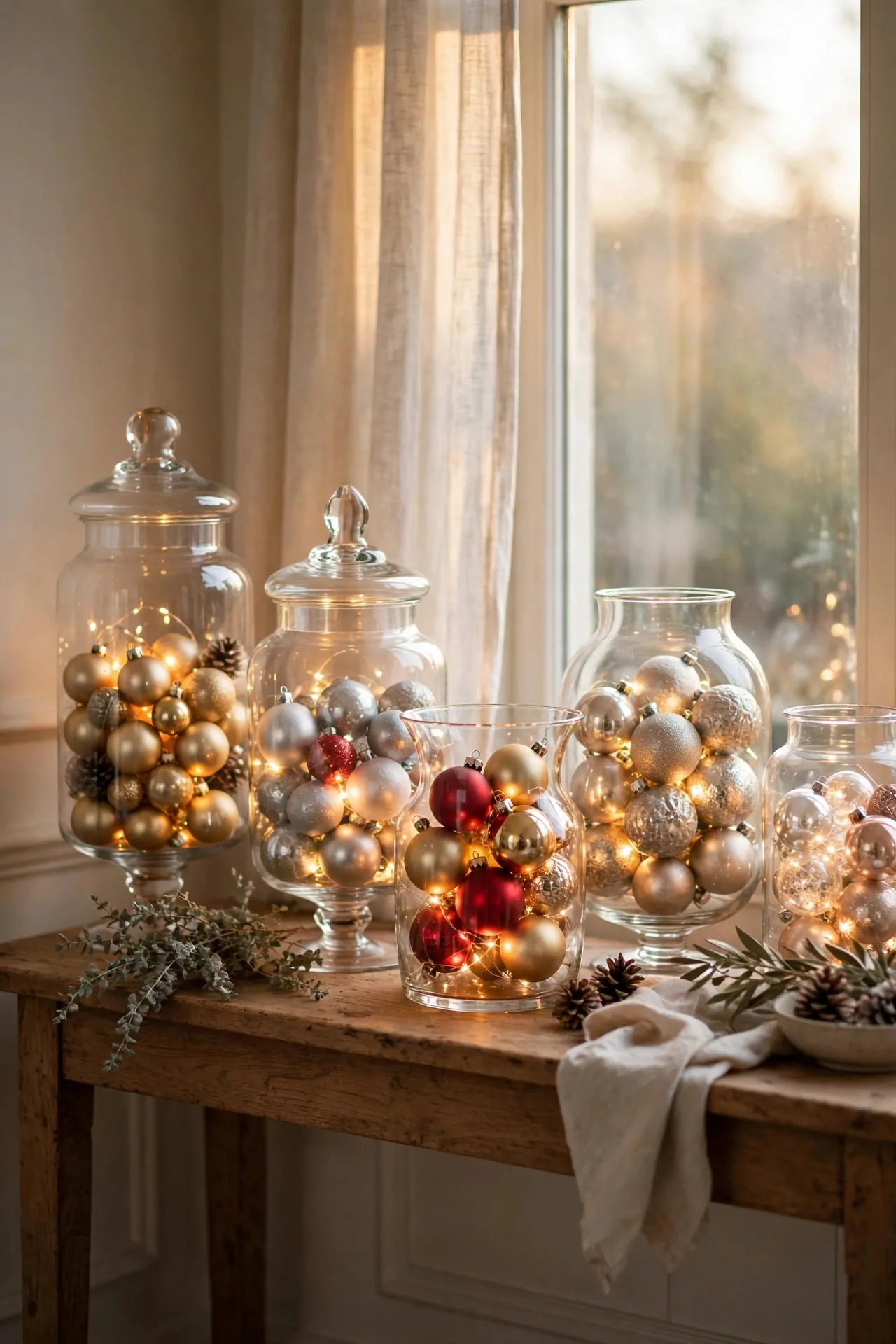 25 Budget Christmas Decor Ideas That Look Expensive 11 Glass jars filled with Christmas ornaments and fairy lights on a console table