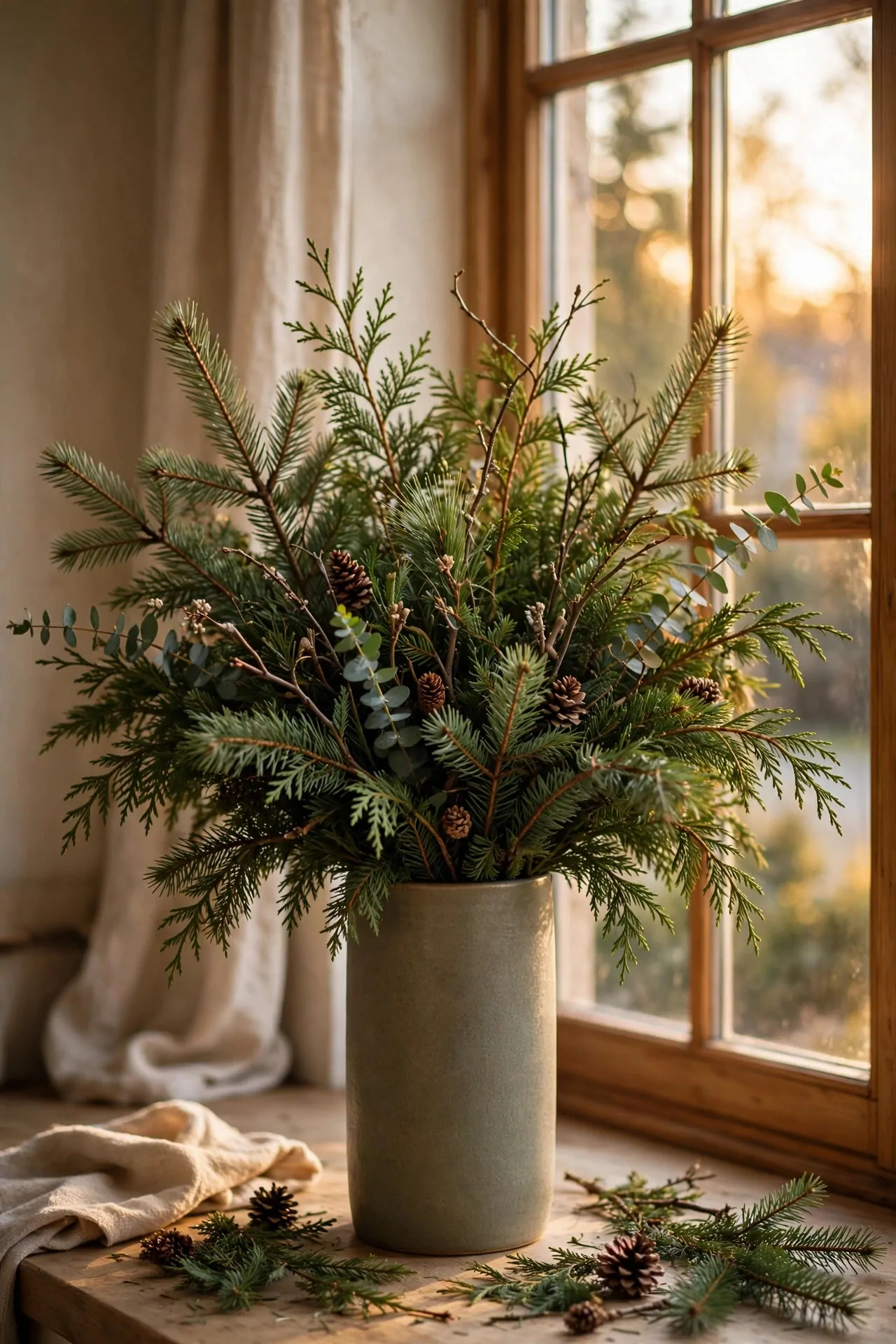 25 Budget Christmas Decor Ideas That Look Expensive 12 Fresh evergreen branches in a tall vase by a window