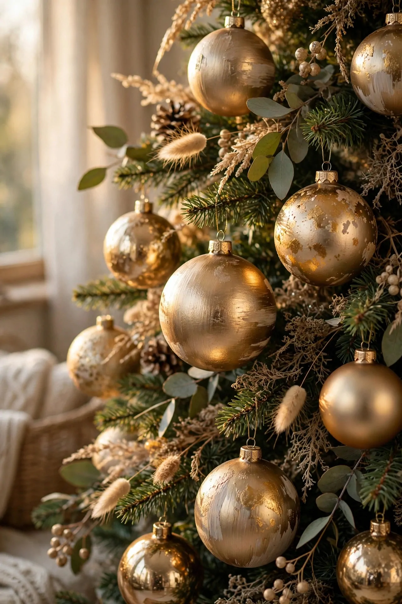 25 Budget Christmas Decor Ideas That Look Expensive 13 Christmas tree with gold and champagne metallic ornaments glowing