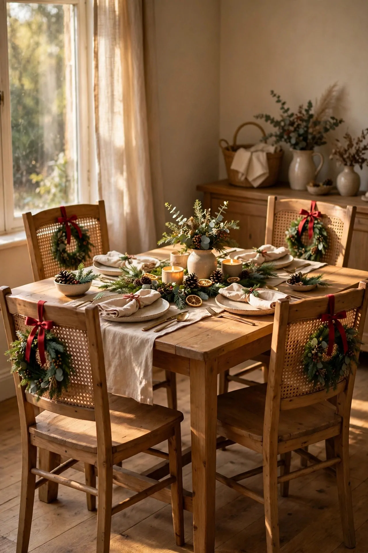 25 Budget Christmas Decor Ideas That Look Expensive 14 Small green wreaths with red ribbon tied on dining chair backs