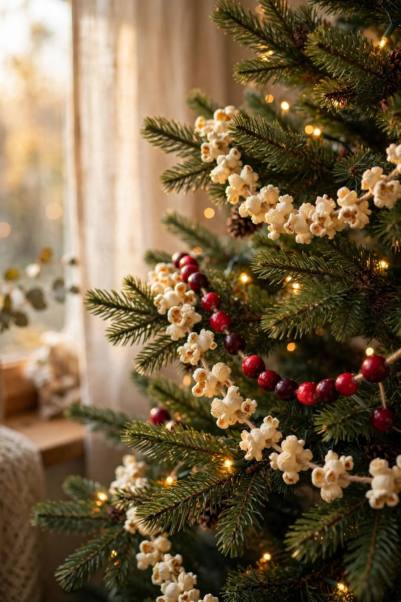 25 Budget Christmas Decor Ideas That Look Expensive 15 Popcorn and cranberry garland on a real Christmas tree