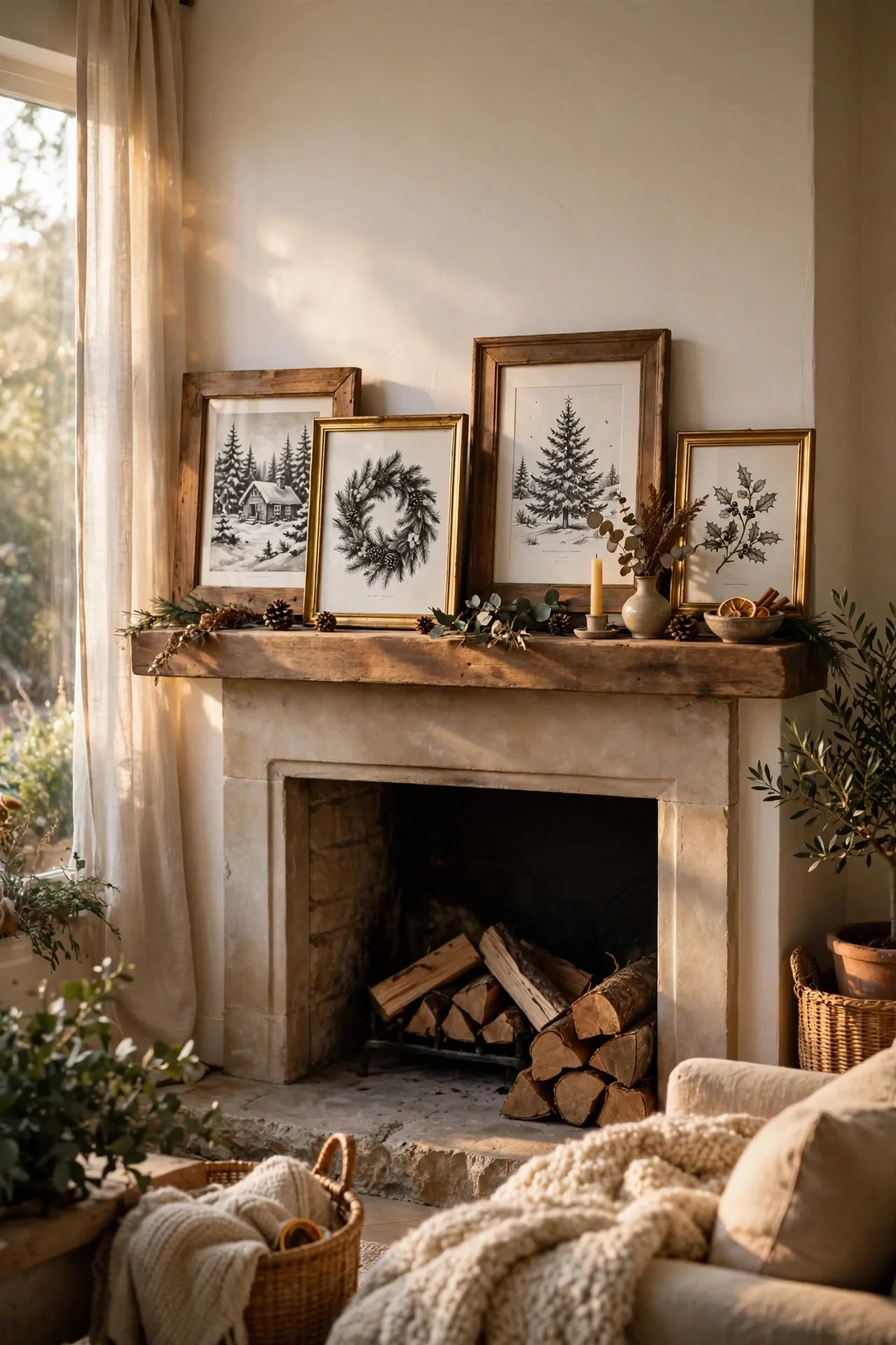 25 Budget Christmas Decor Ideas That Look Expensive 16 Thrifted frames with black-and-white Christmas prints on a mantel
