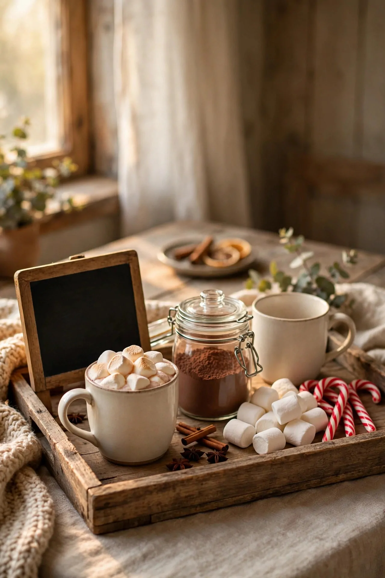 25 Budget Christmas Decor Ideas That Look Expensive 17 Hot cocoa station on a wooden tray with mugs, cocoa jar, and candy canes