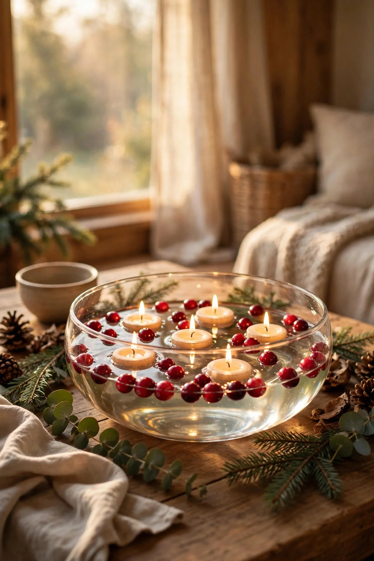 25 Budget Christmas Decor Ideas That Look Expensive 18 Glass bowl with floating cranberries and lit floating candles as a centerpiece