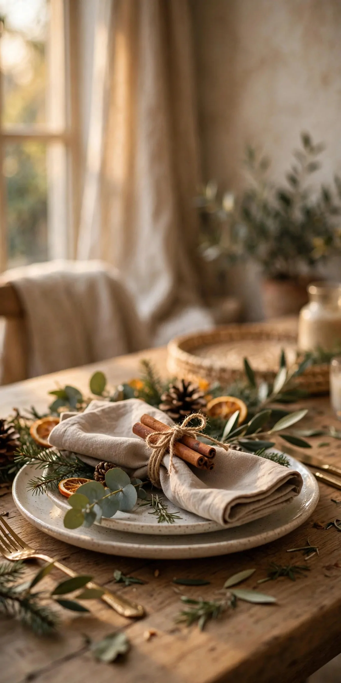 25 Budget Christmas Decor Ideas That Look Expensive 19 Cinnamon sticks tied with twine as a napkin ring on a festive place setting