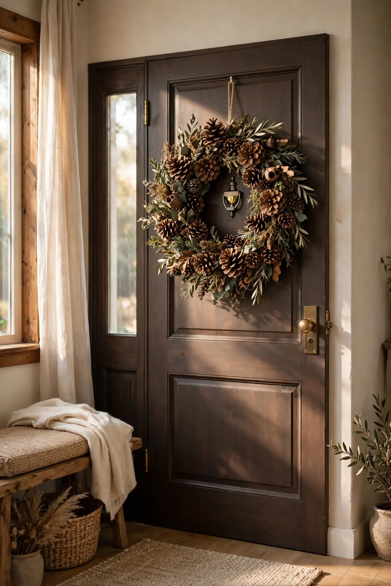 25 Budget Christmas Decor Ideas That Look Expensive 20 Handmade full pinecone wreath hanging on a front door