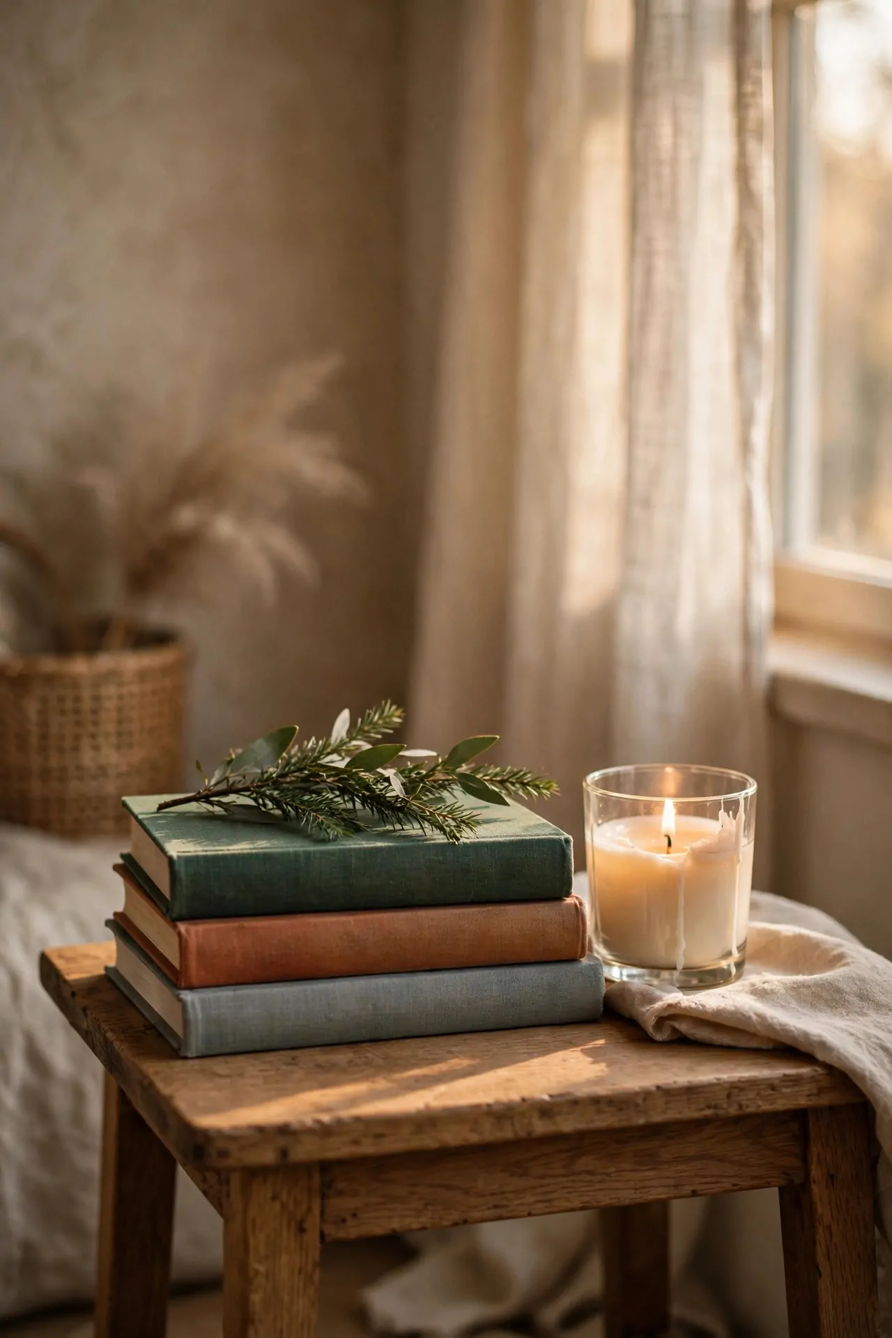 25 Budget Christmas Decor Ideas That Look Expensive 21 Stack of hardcover books topped with greenery and a candle on a side table