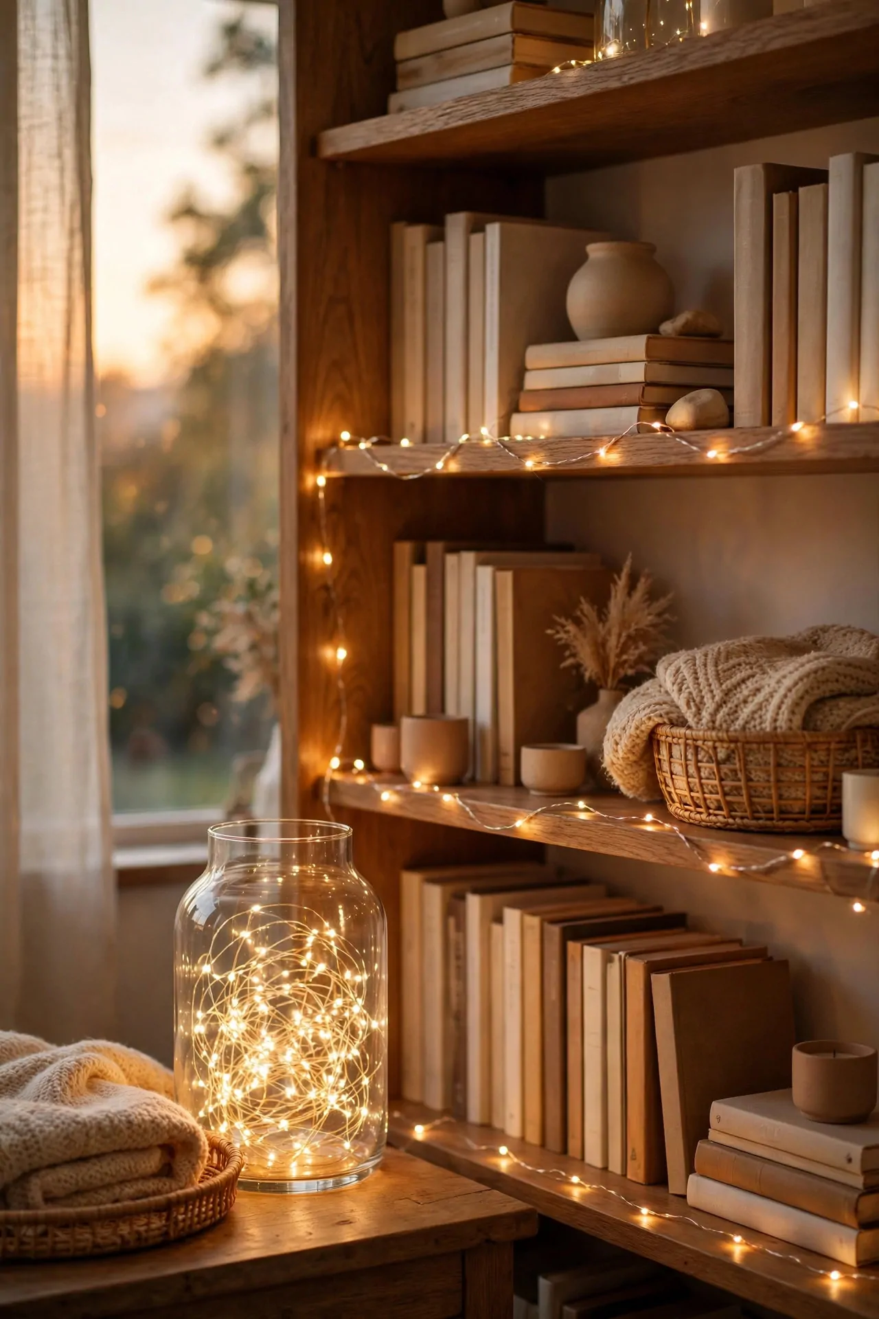 25 Budget Christmas Decor Ideas That Look Expensive 22 Warm fairy lights wound through a glass vase and along a bookshelf