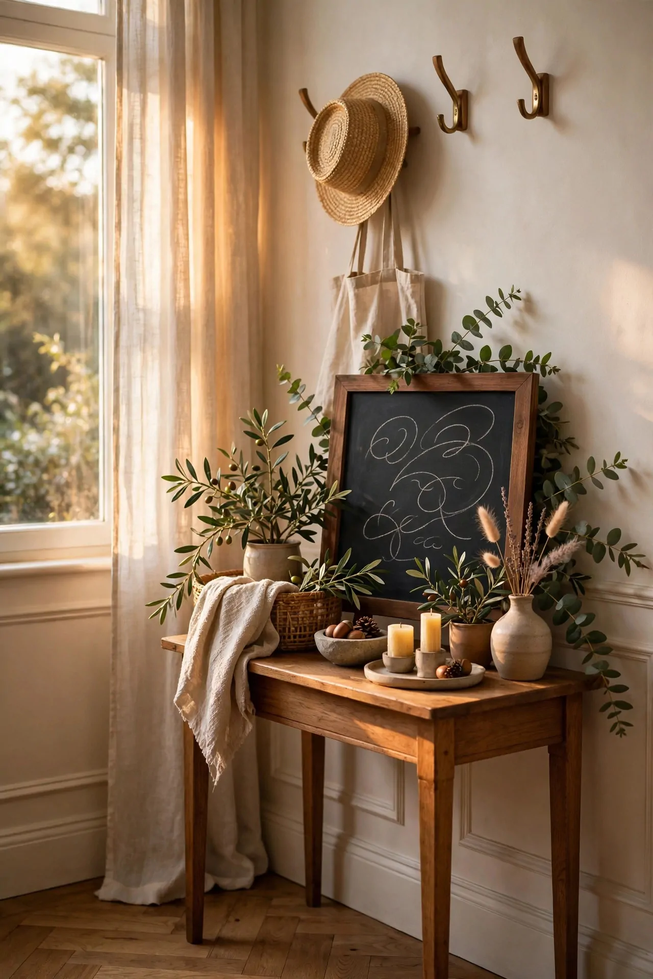 25 Budget Christmas Decor Ideas That Look Expensive 23 Chalkboard with a hand-lettered holiday greeting on an entryway table