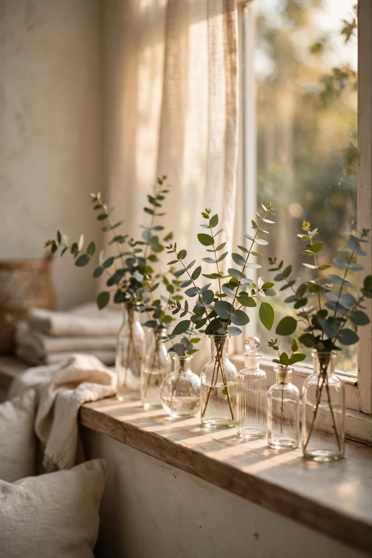 25 Budget Christmas Decor Ideas That Look Expensive 24 Small bud vases with eucalyptus sprigs lined along a windowsill