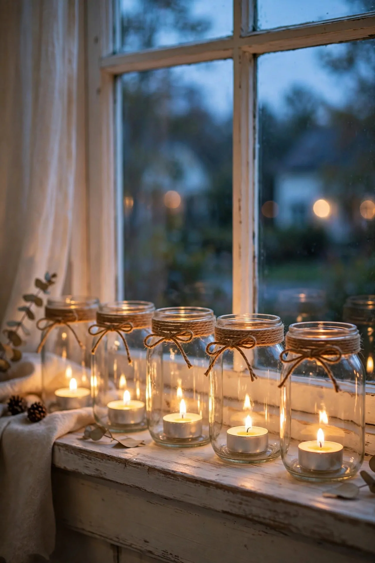 25 Budget Christmas Decor Ideas That Look Expensive 25 Mason jars with tealights glowing in a row on a windowsill