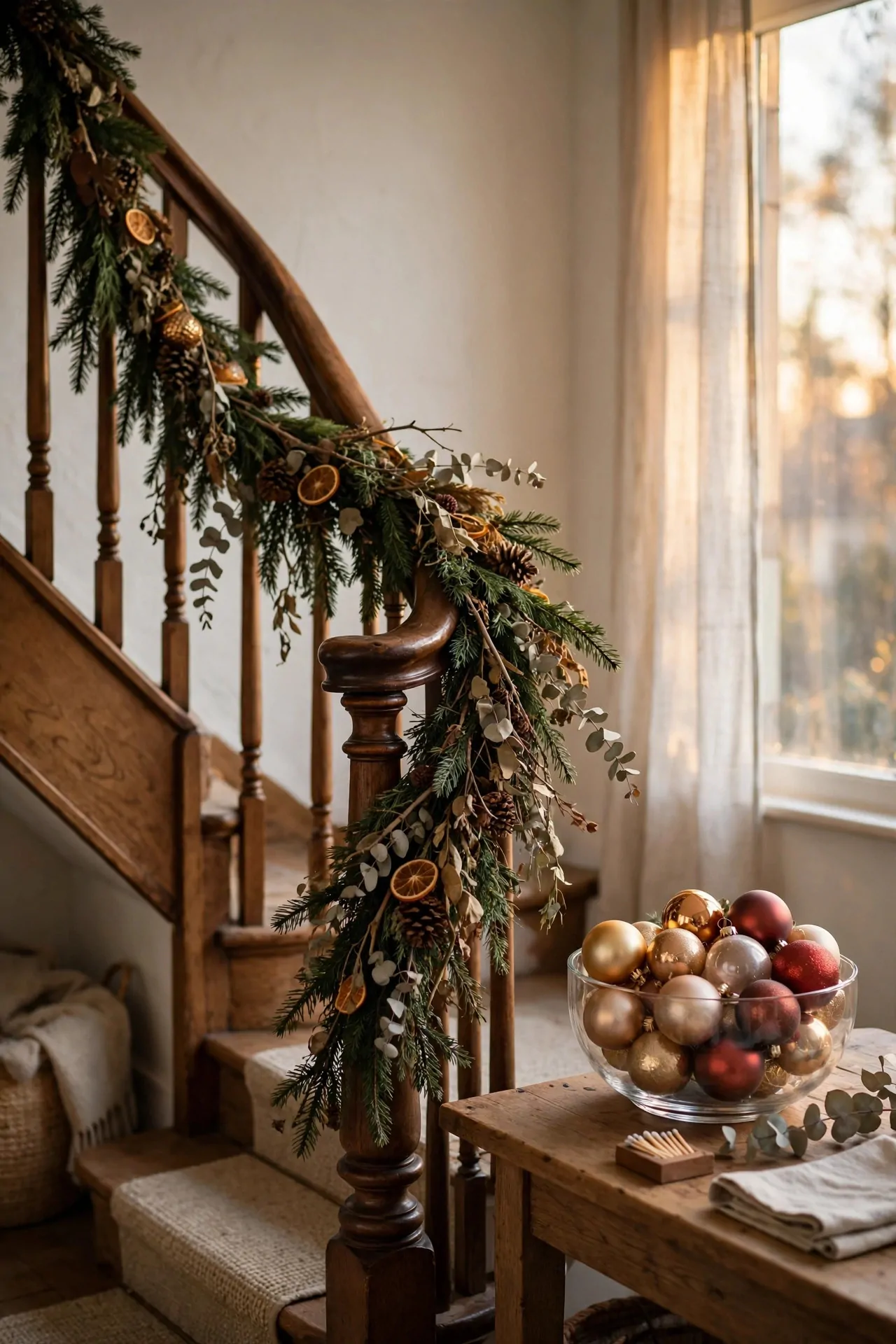 25 Budget Christmas Decor Ideas That Look Expensive 26 Christmas garland draped on a staircase with ornaments styled in a bowl nearby