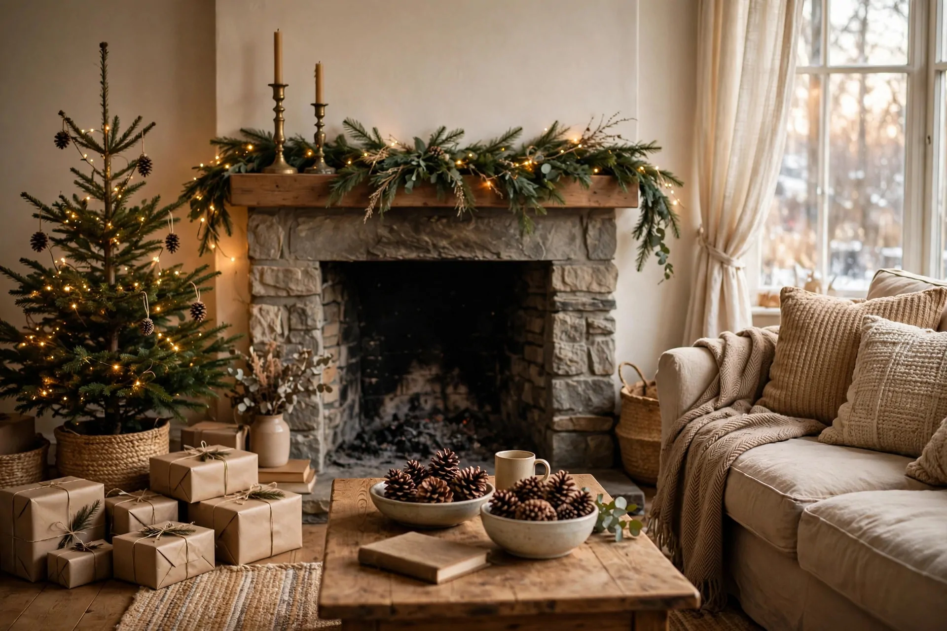 Cozy living room decorated for Christmas on a budget with garland, candlesticks, and kraft-wrapped gifts