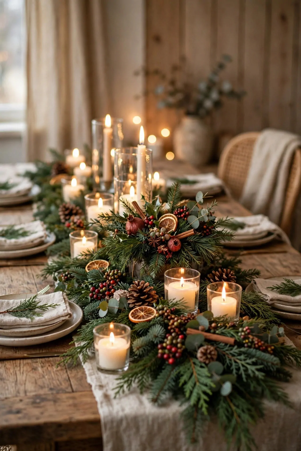 21 Christmas Centerpiece Ideas for a Festive Table 2 Low evergreen garland runner with candles down a Christmas dining table