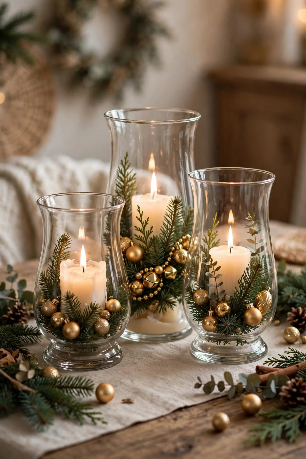 21 Christmas Centerpiece Ideas for a Festive Table 3 Three glass hurricane candle holders with evergreen sprigs and gold ornaments