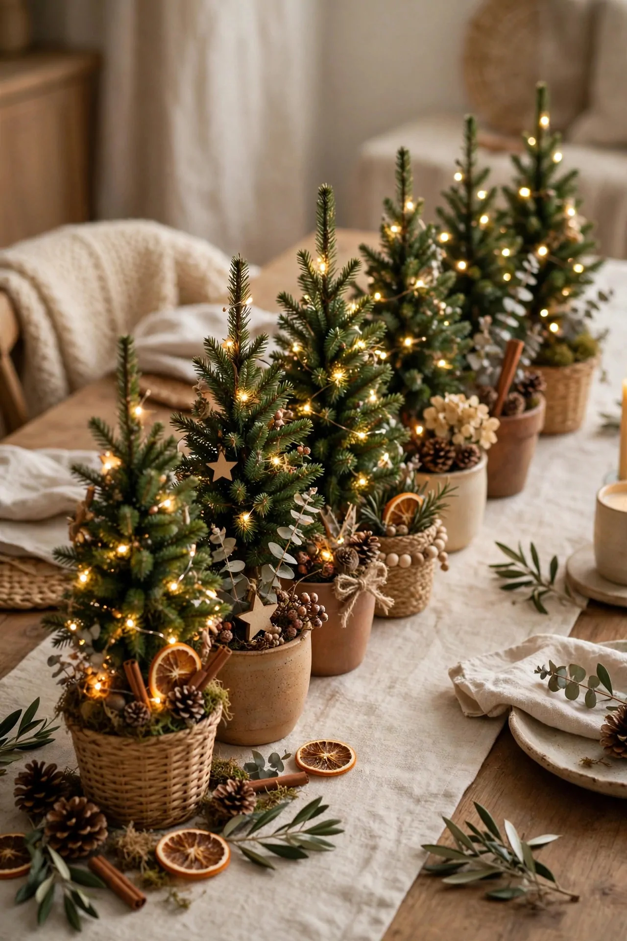 21 Christmas Centerpiece Ideas for a Festive Table 4 Row of small decorated mini Christmas trees down a table center
