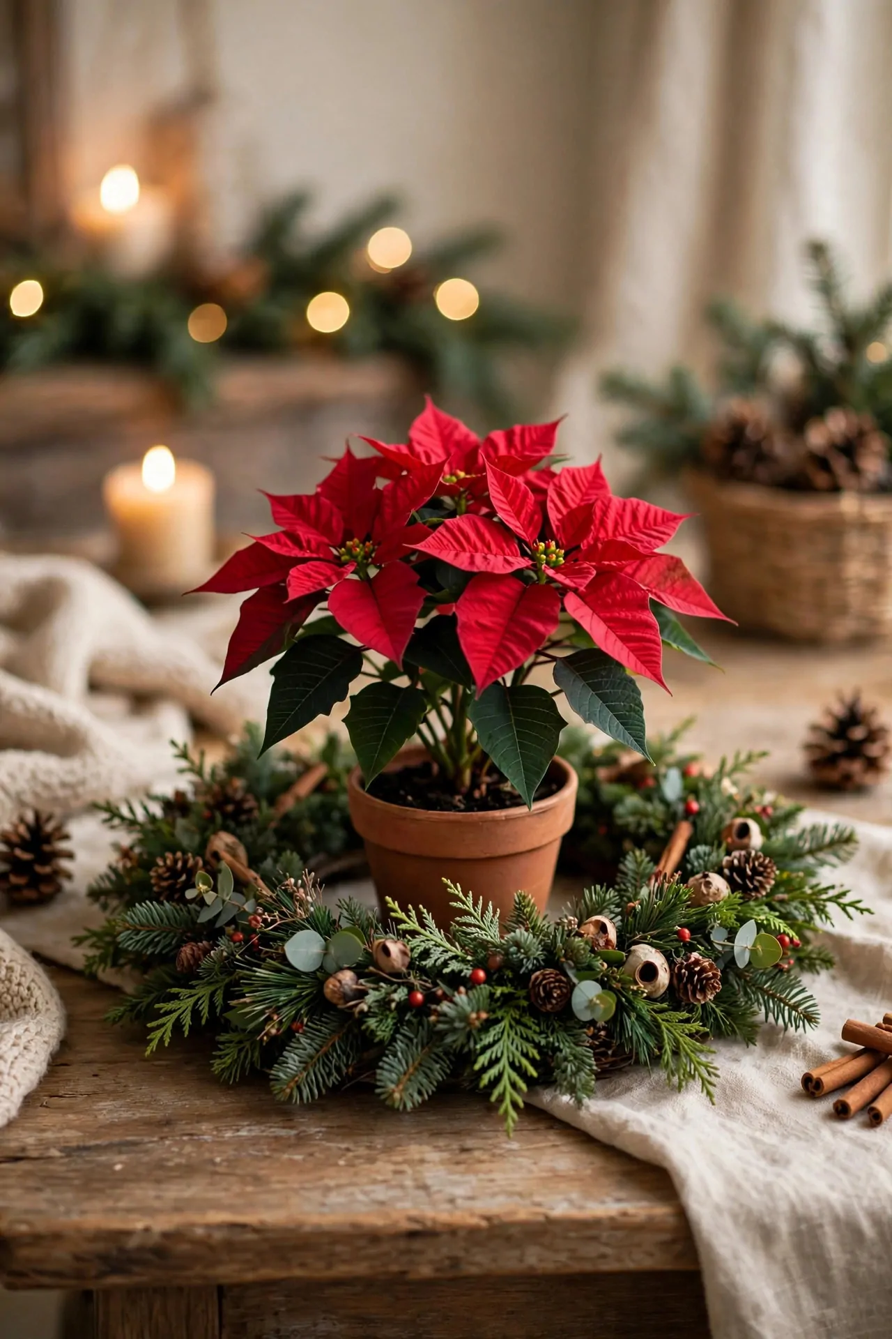 21 Christmas Centerpiece Ideas for a Festive Table 5 Red poinsettia plant set inside a small evergreen wreath on a table
