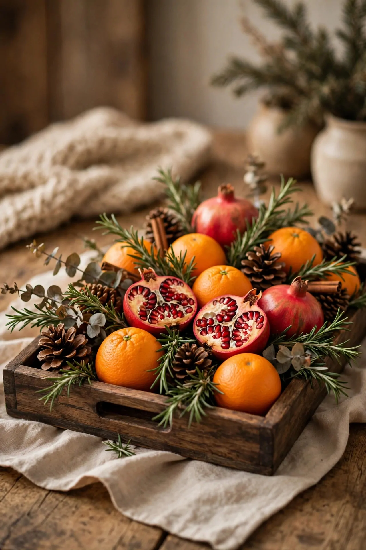 21 Christmas Centerpiece Ideas for a Festive Table 6 Wooden tray of oranges, pomegranates, rosemary sprigs and pinecones