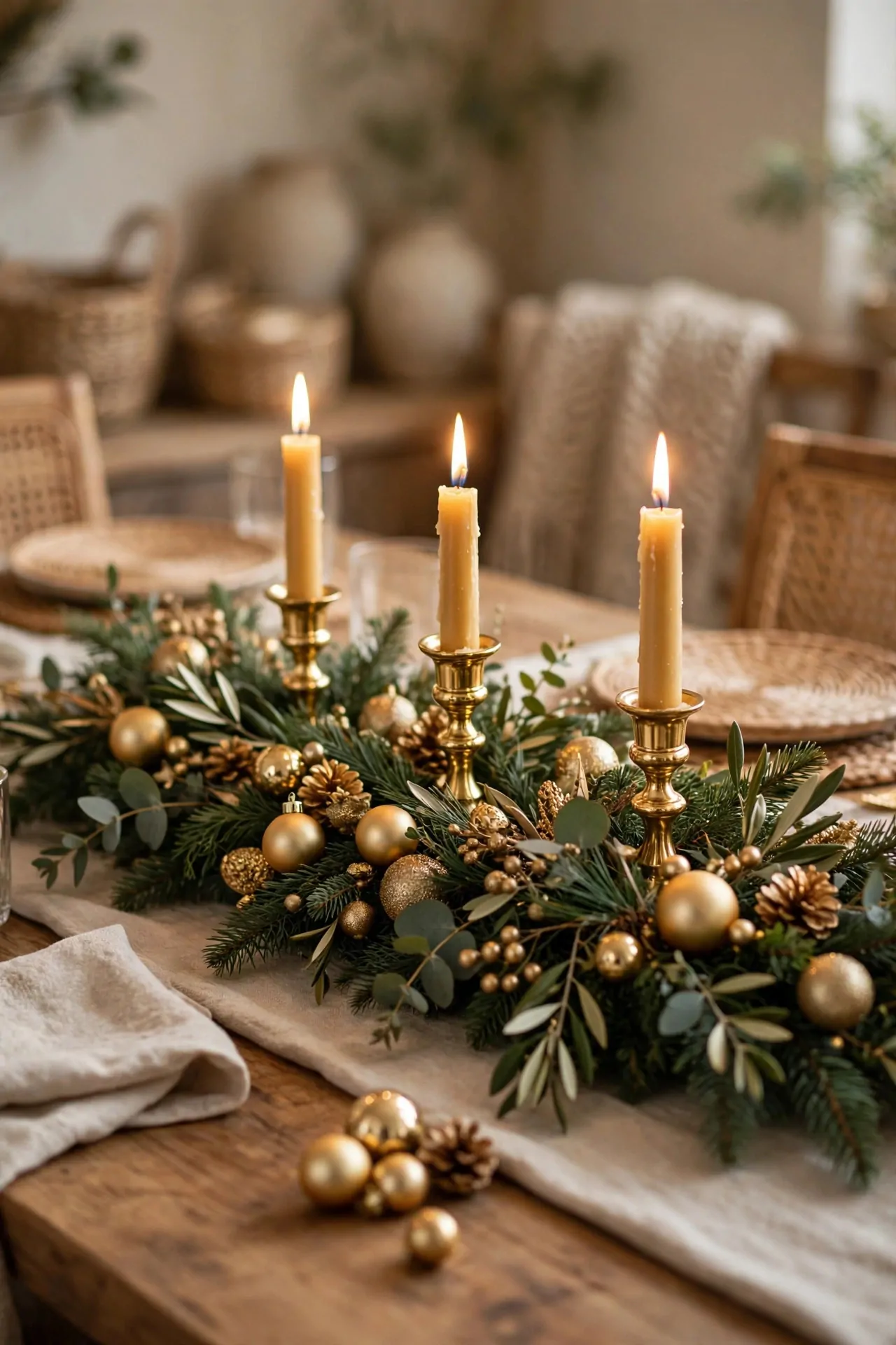 21 Christmas Centerpiece Ideas for a Festive Table 7 Gold and green Christmas centerpiece with gold candleholders and evergreen