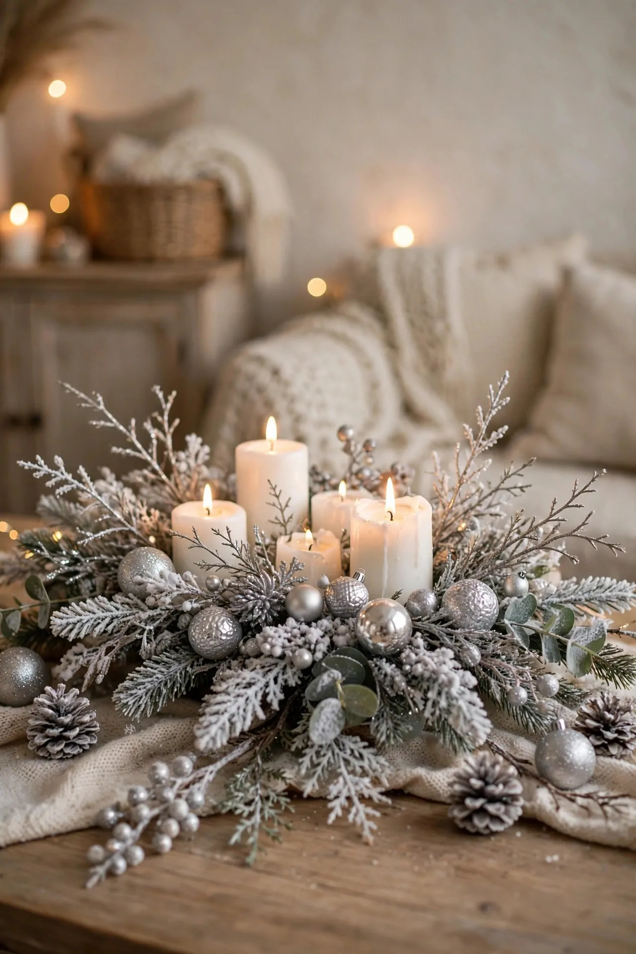 21 Christmas Centerpiece Ideas for a Festive Table 8 White and silver winter Christmas centerpiece with white candles and frosted branches
