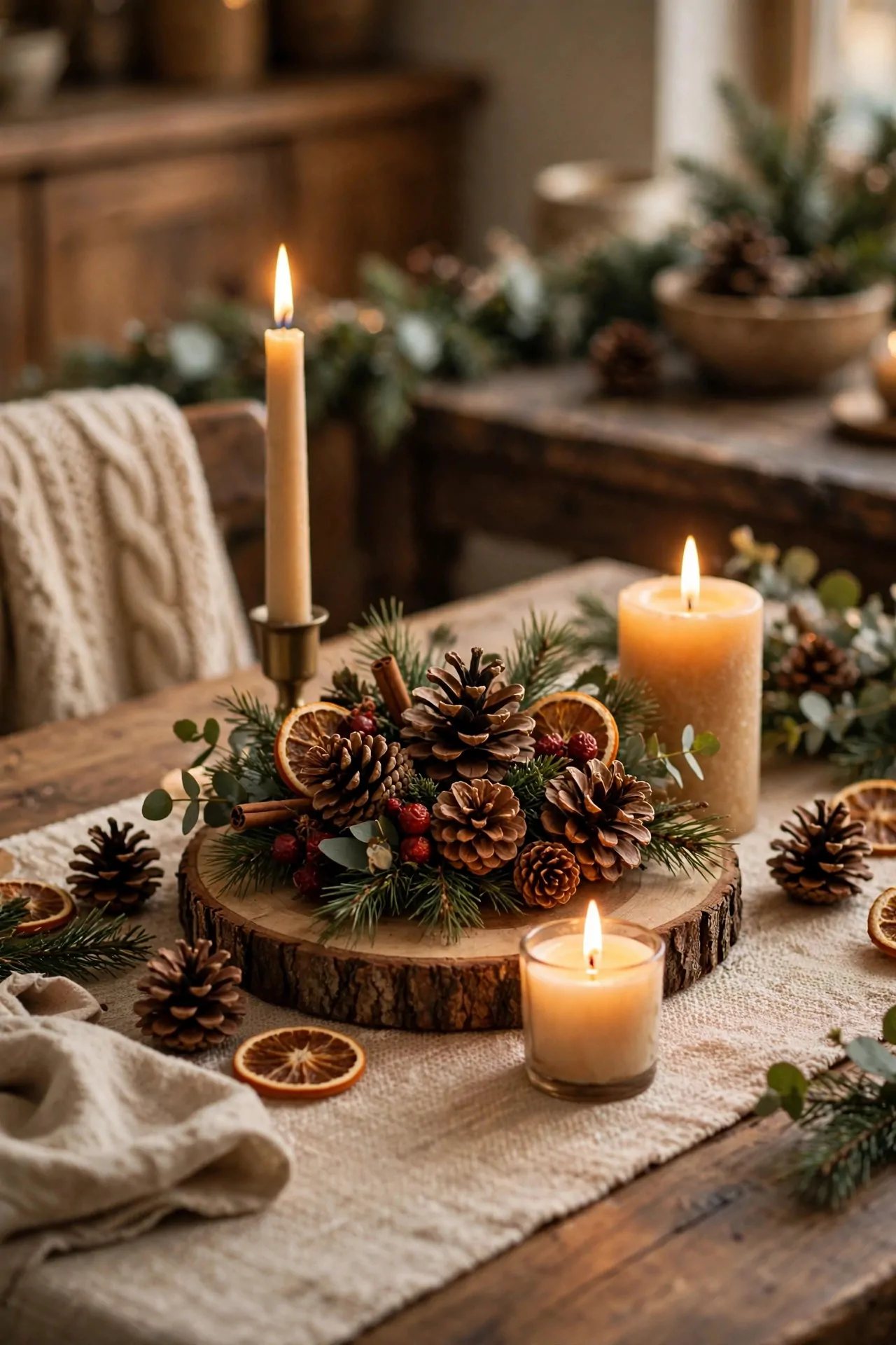 21 Christmas Centerpiece Ideas for a Festive Table 9 Rustic pinecone centerpiece on a wood slice with candles
