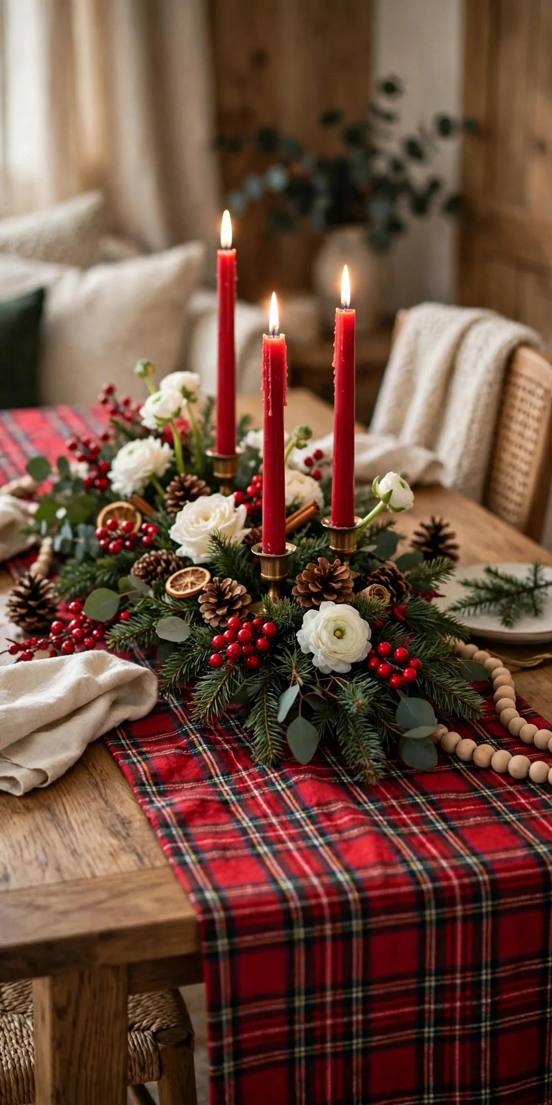 21 Christmas Centerpiece Ideas for a Festive Table 10 Classic red and white Christmas centerpiece with plaid runner and red taper candles