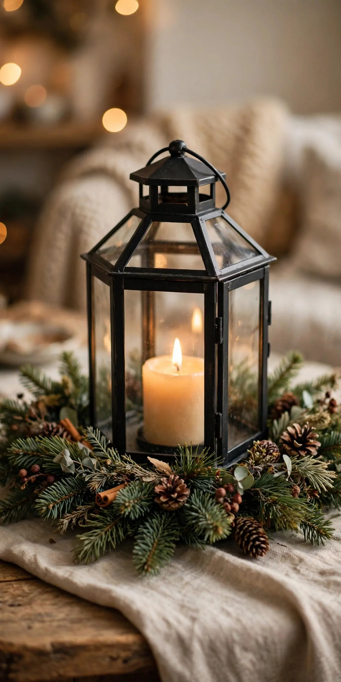 21 Christmas Centerpiece Ideas for a Festive Table 11 Black metal lantern with candle and evergreen sprigs as a table centerpiece