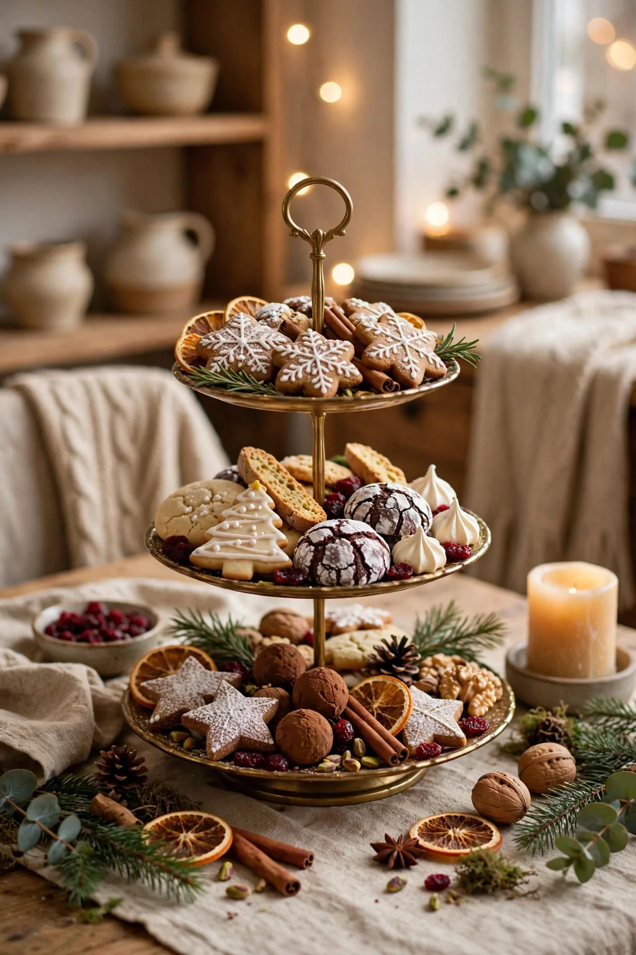 21 Christmas Centerpiece Ideas for a Festive Table 12 Tiered stand of Christmas cookies and treats as a table centerpiece