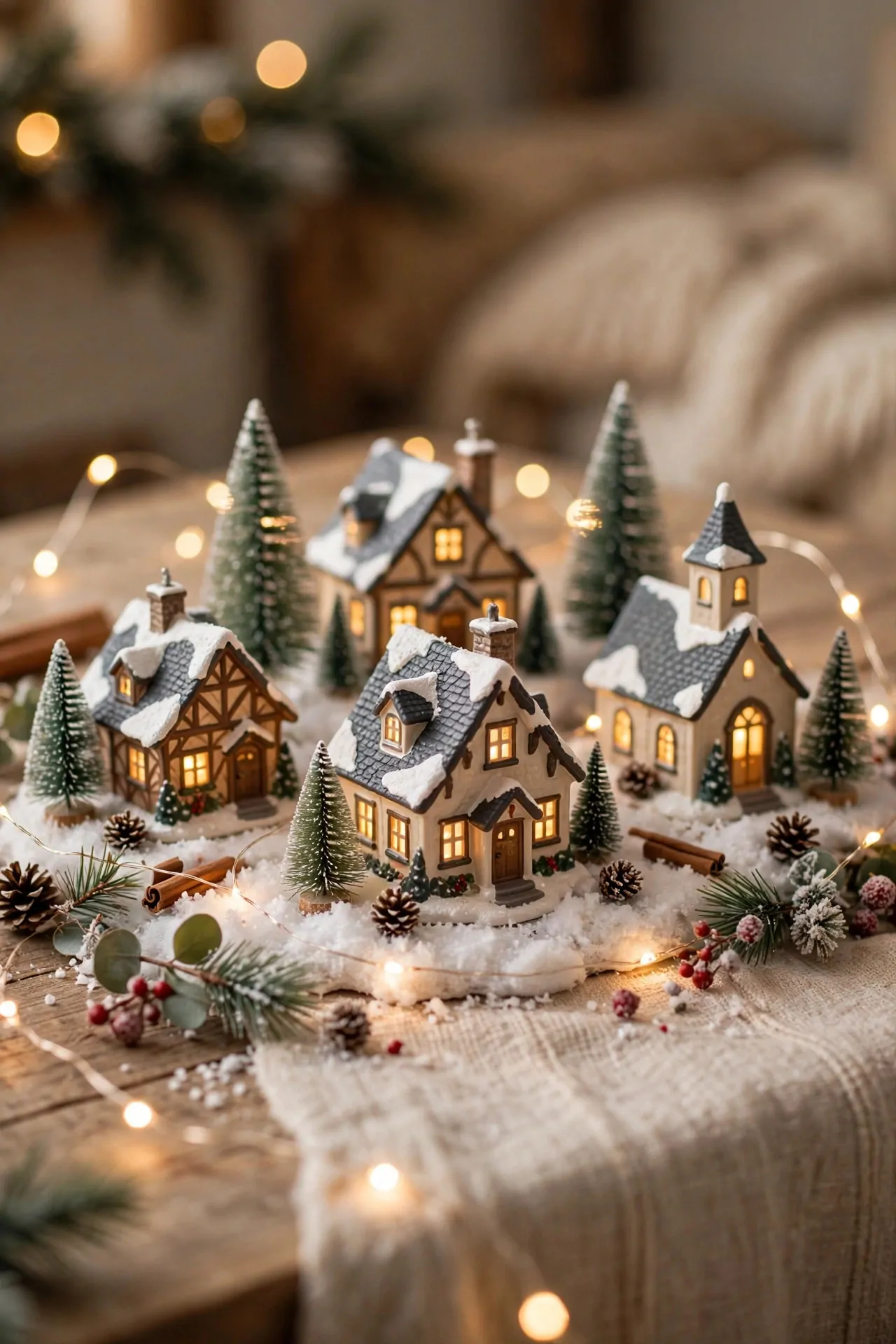 21 Christmas Centerpiece Ideas for a Festive Table 13 Miniature Christmas village houses with tiny trees on a snowy table display
