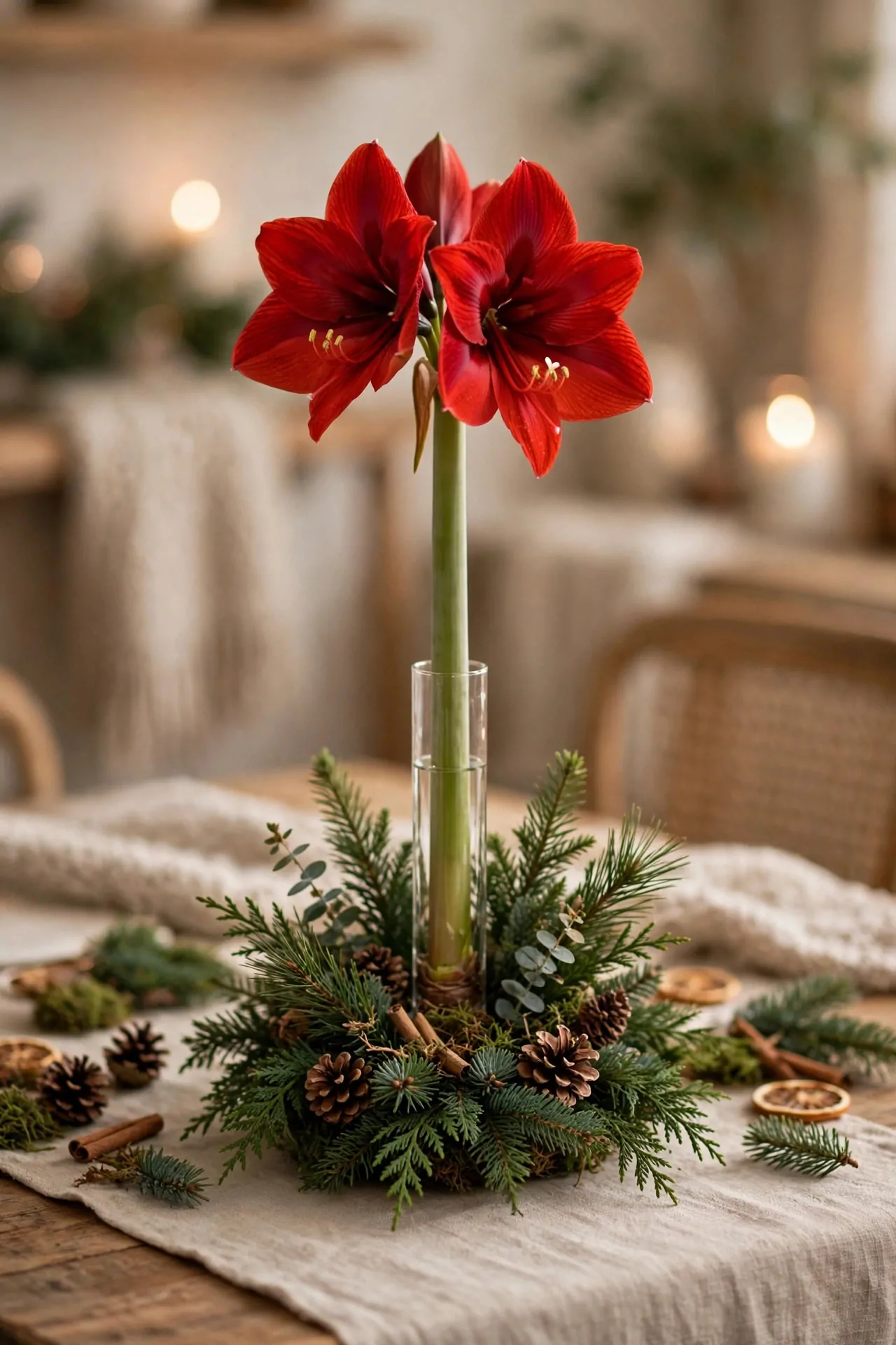21 Christmas Centerpiece Ideas for a Festive Table 14 Tall red amaryllis stem in a slim glass vase with evergreen at the base